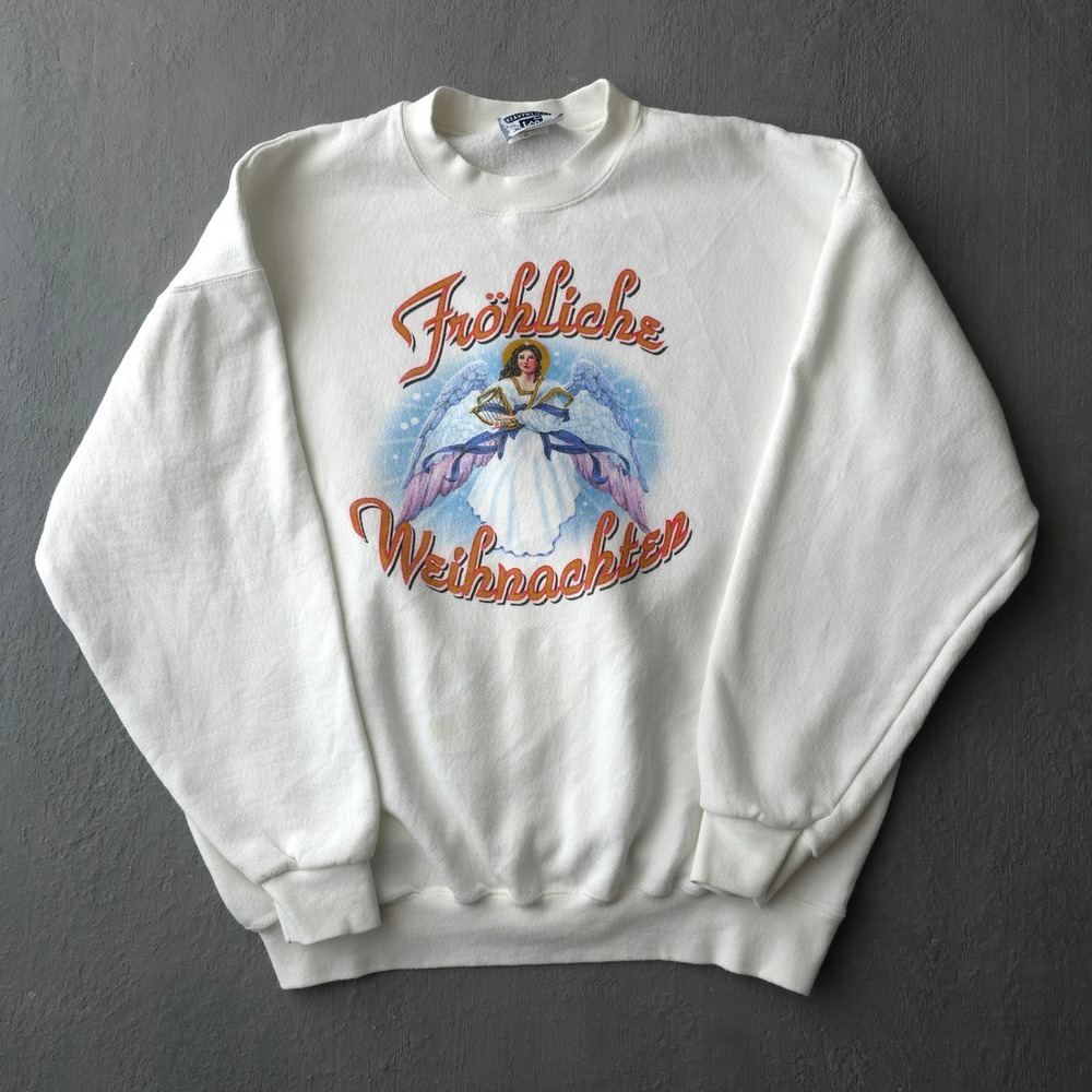 Vintage 90s Lee White Sweatshirt XL Frohliche Weihnachten Angel Graphic